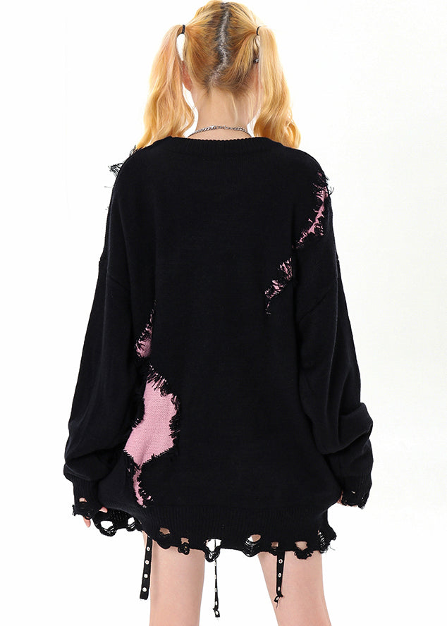 Diy Black Oversized Patchwork Ripped Sweater Winter
