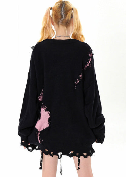 Diy Black Oversized Patchwork Ripped Sweater Winter
