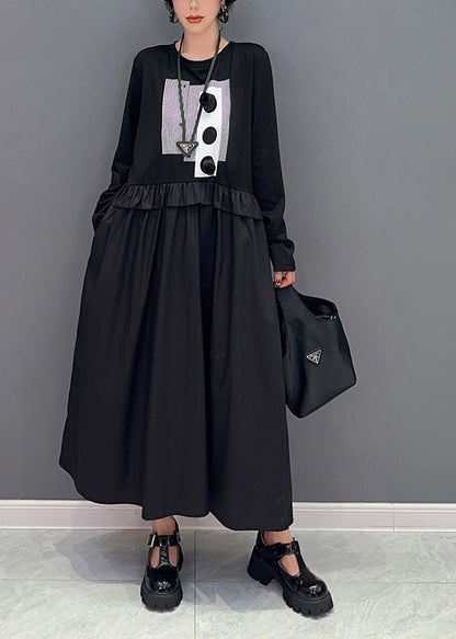 Diy Black Oversized Patchwork Ruffled Cotton Dress Spring
