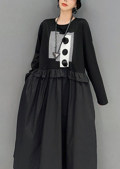 Diy Black Oversized Patchwork Ruffled Cotton Dress Spring