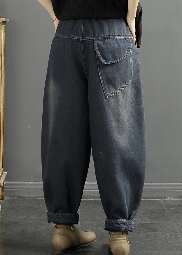 Diy Black Oversized Patchwork Warm Fleece Denim Harem Pants Winter