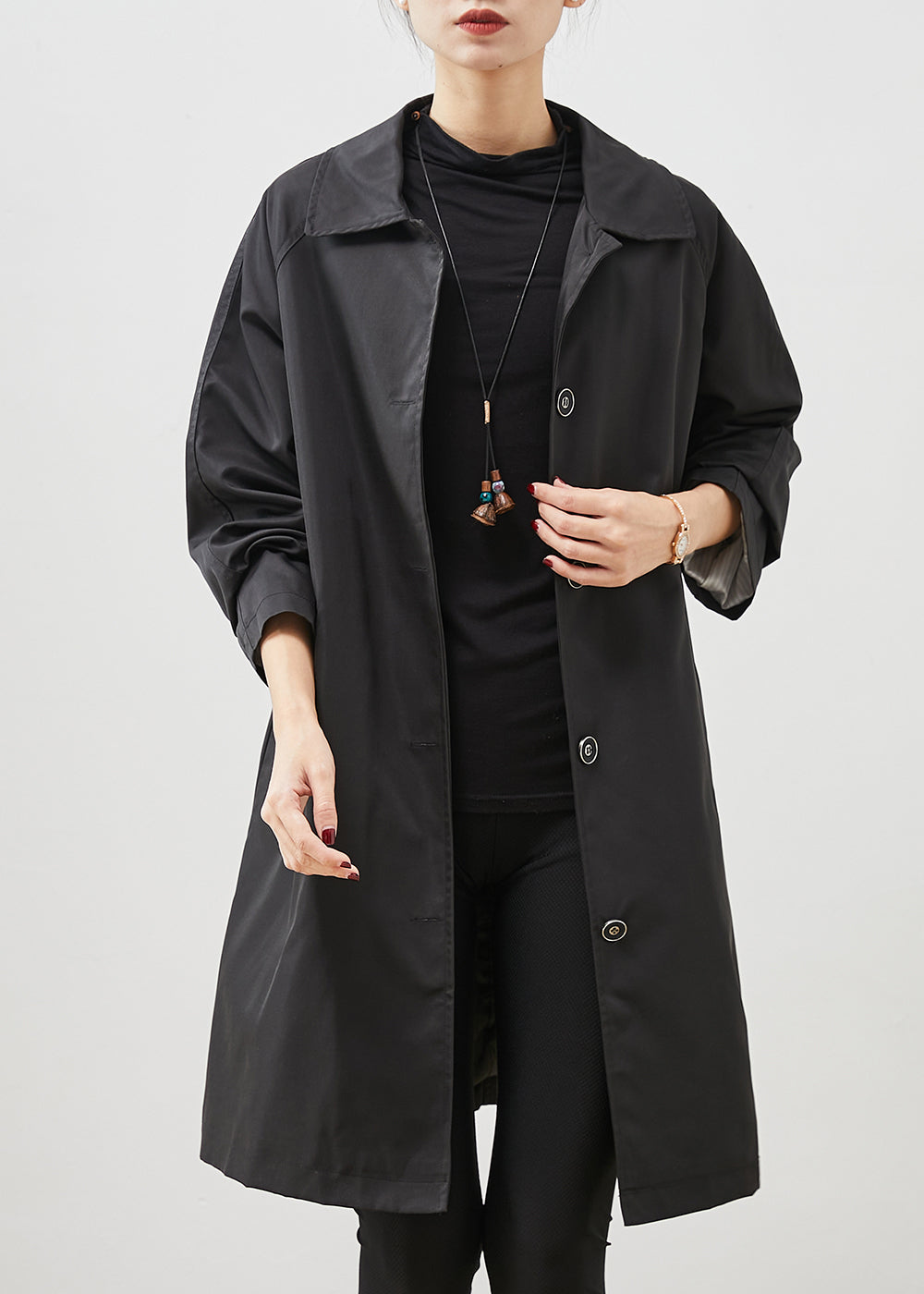 Diy Black Oversized Pockets Cotton Trench Spring