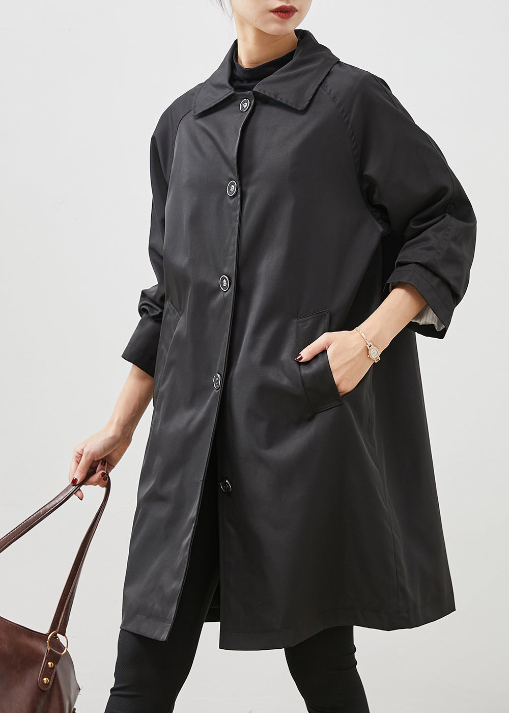 Diy Black Oversized Pockets Cotton Trench Spring