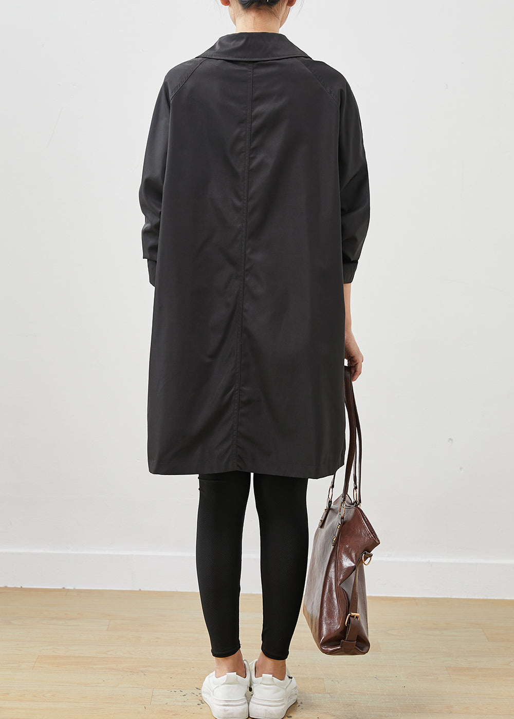 Diy Black Oversized Pockets Cotton Trench Spring