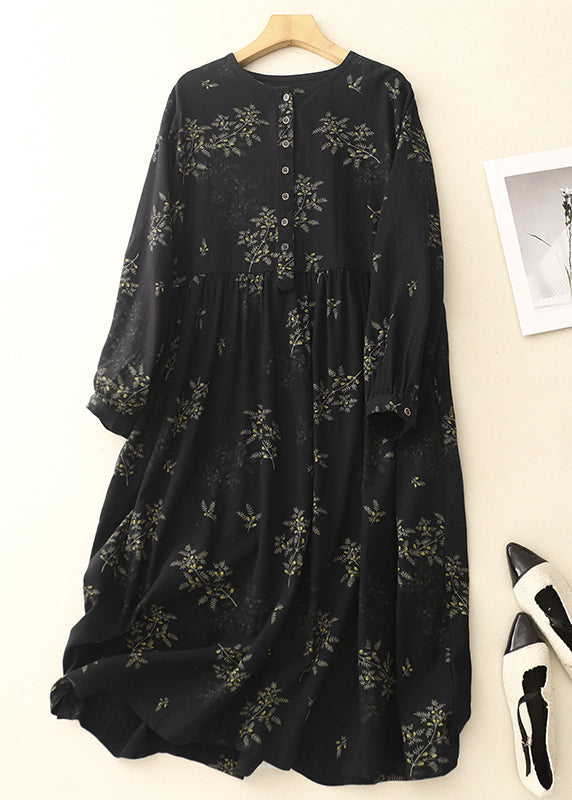 Diy Black Oversized Print Linen Maxi Dresses Spring