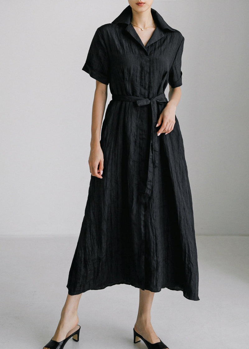 Diy Black Peter Pan Collar Button Tie Waist Shirts Dress Short Sleeve
