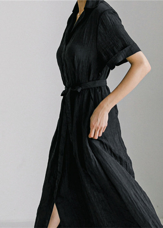 Diy Black Peter Pan Collar Button Tie Waist Shirts Dress Short Sleeve