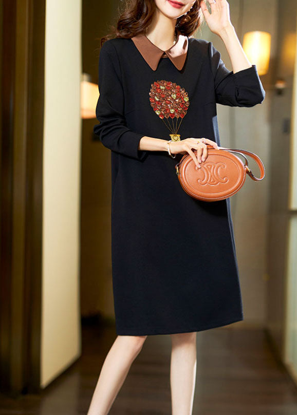 Diy Black Peter Pan Collar Nail Bead a Line Mid Dresses Long Sleeve