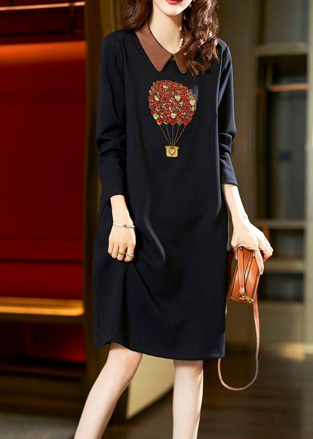 Diy Black Peter Pan Collar Nail Bead a Line Mid Dresses Long Sleeve
