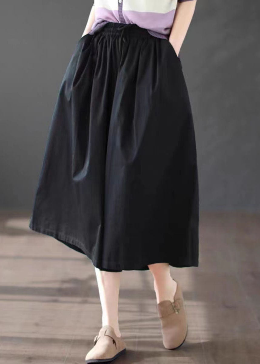 Diy Black Pockets Patchwork Cotton Wide Leg Crop Pants Summer