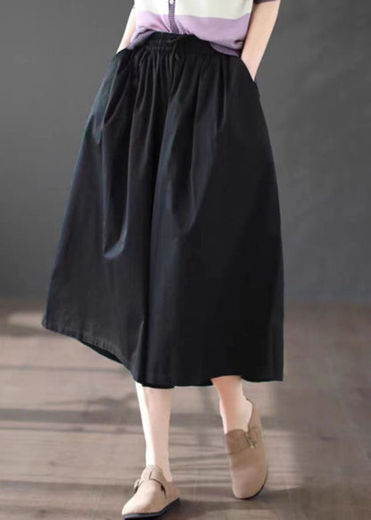 Diy Black Pockets Patchwork Cotton Wide Leg Crop Pants Summer