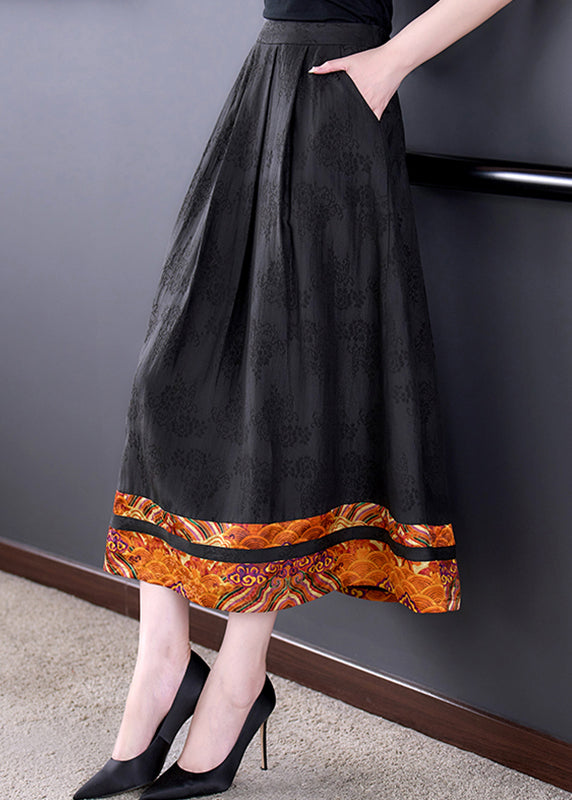 Diy Black Pockets Print High Waist Silk a Line Skirts Fall