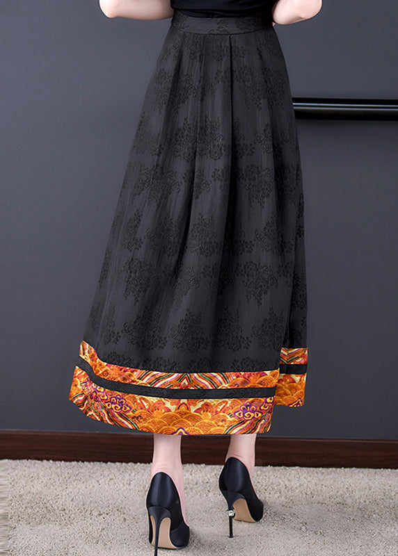 Diy Black Pockets Print High Waist Silk a Line Skirts Fall