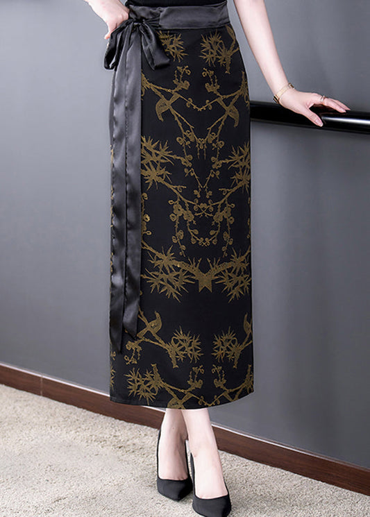 Diy Black Print High Waist Tie Waist Silk Maxi Skirts Fall