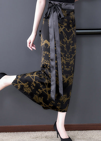 Diy Black Print High Waist Tie Waist Silk Maxi Skirts Fall