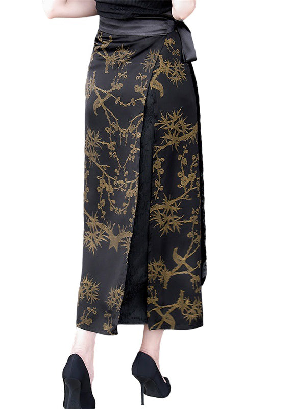 Diy Black Print High Waist Tie Waist Silk Maxi Skirts Fall