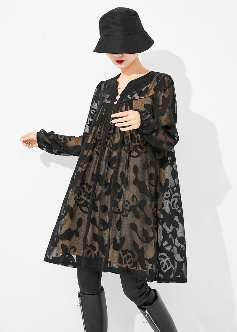 Diy Black Print Hollow Out Tulle Mid Dress Summer