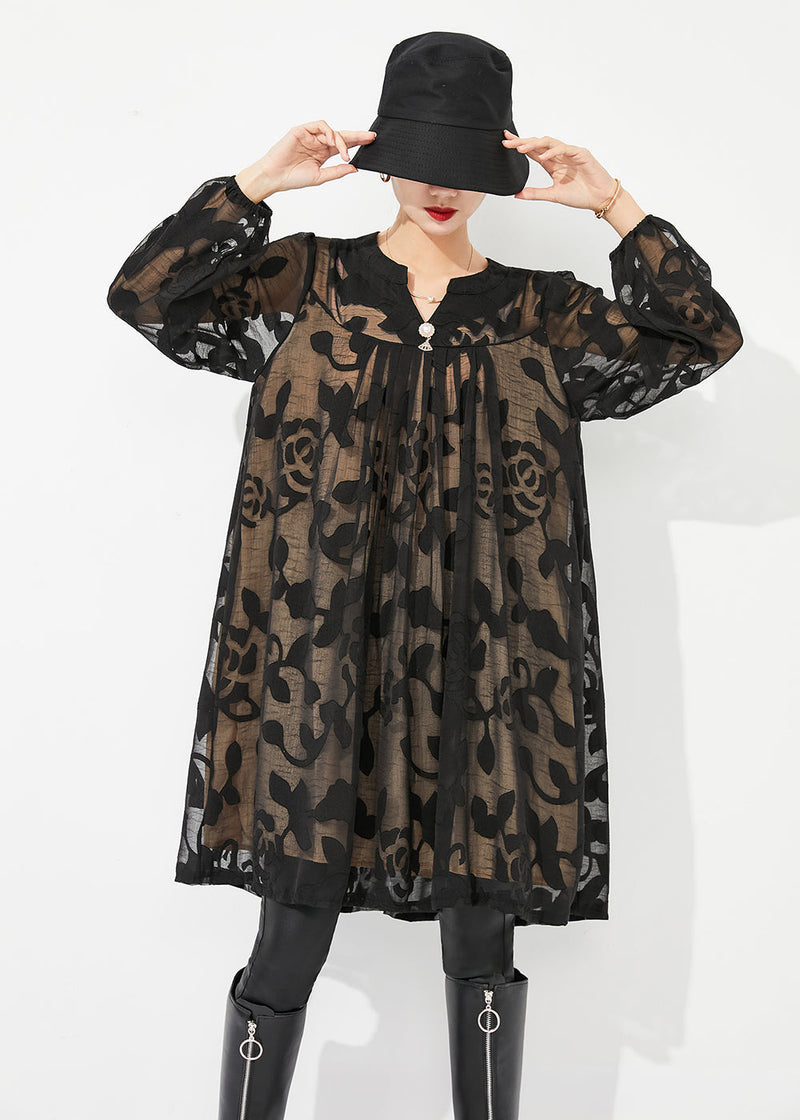 Diy Black Print Hollow Out Tulle Mid Dress Summer