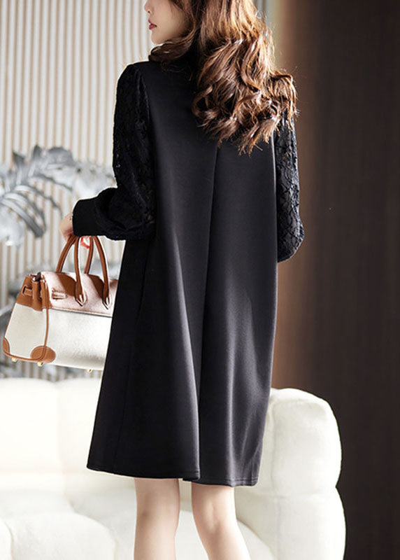 Diy Black Ruffled Lace Patchwork Mid Dresses Long Sleeve