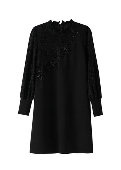 Diy Black Ruffled Lace Patchwork Mid Dresses Long Sleeve