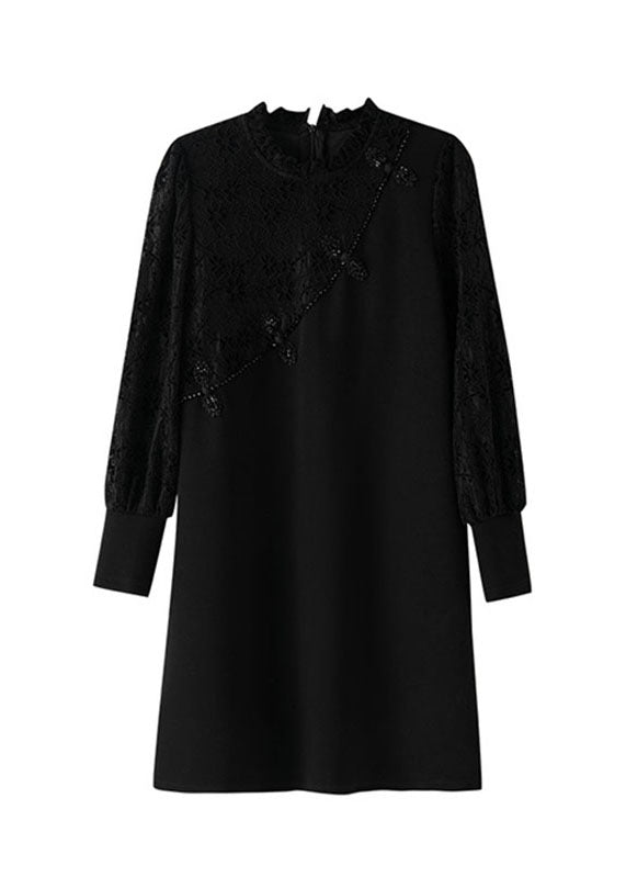 Diy Black Ruffled Lace Patchwork Mid Dresses Long Sleeve