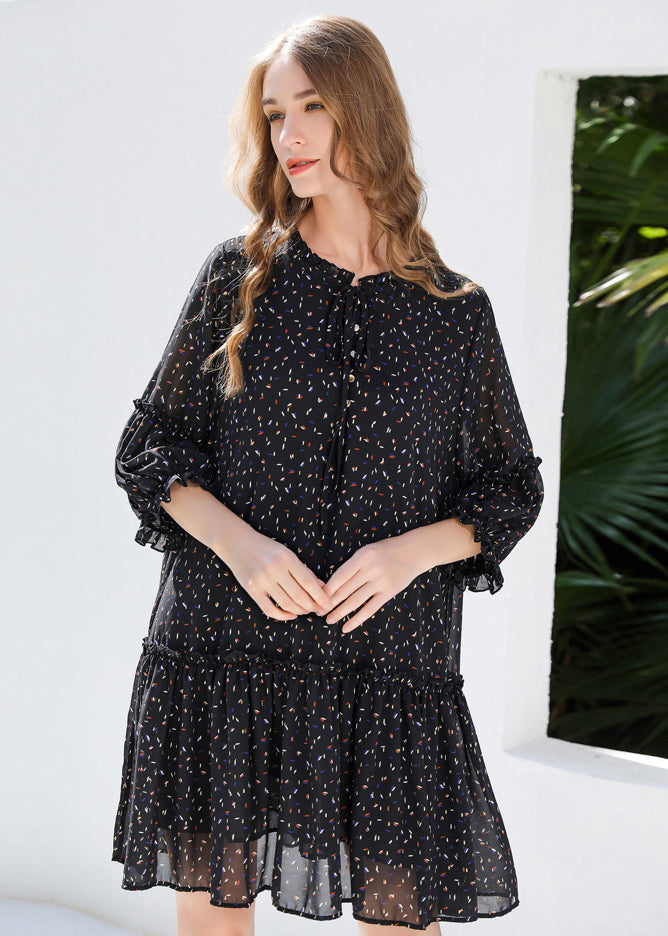 Diy Black Ruffled Print Chiffon Shirt Dresses Bracelet Sleeve