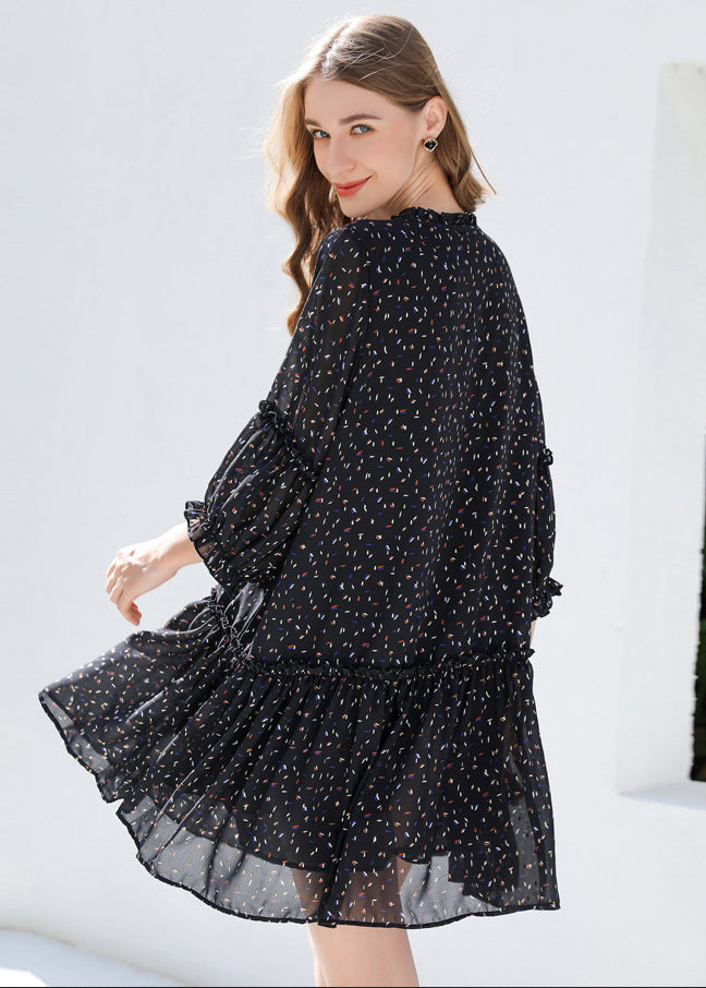 Diy Black Ruffled Print Chiffon Shirt Dresses Bracelet Sleeve