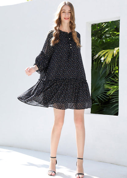 Diy Black Ruffled Print Chiffon Shirt Dresses Bracelet Sleeve