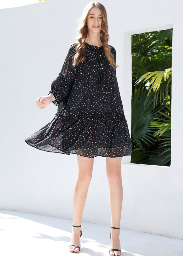 Diy Black Ruffled Print Chiffon Shirt Dresses Bracelet Sleeve