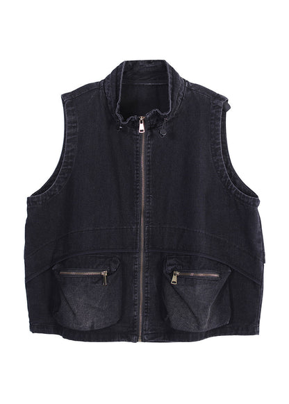 Diy Black Stand Collar Drawstring Patchwork Zippered Denim Coat Fall
