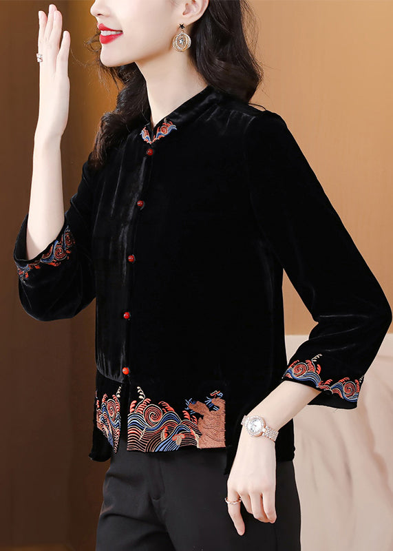 Diy Black Stand Collar Embroideried Silk Velour Coats Fall