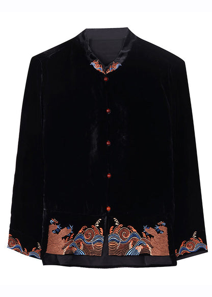Diy Black Stand Collar Embroideried Silk Velour Coats Fall