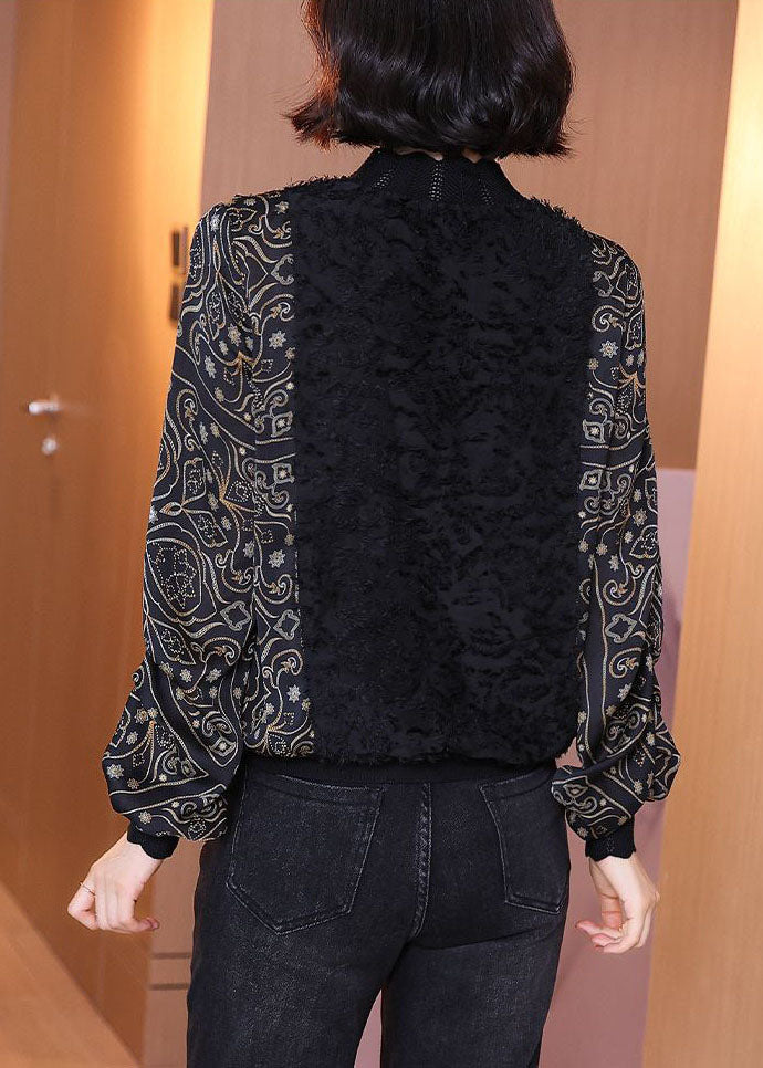 Diy Black Stand Collar Oversized Patchwork Print Chiffon Shirt Top Lantern Sleeve