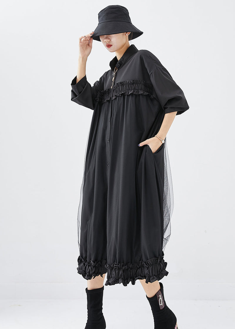 Diy Black Stand Collar Ruffled Cotton Vacation Dresses Fall