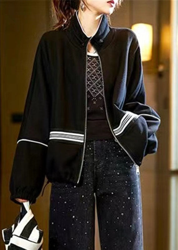 Diy Black Stand Collar Zippered Drawstring Patchwork Jackets Fall