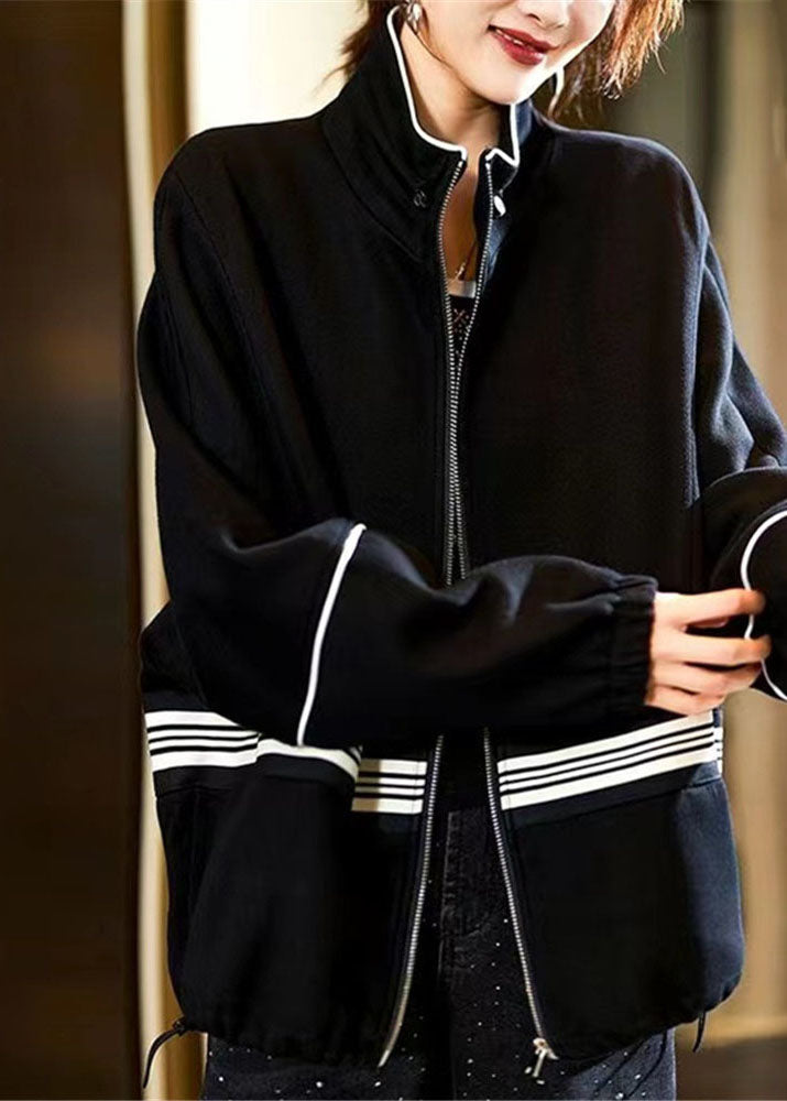 Diy Black Stand Collar Zippered Drawstring Patchwork Jackets Fall