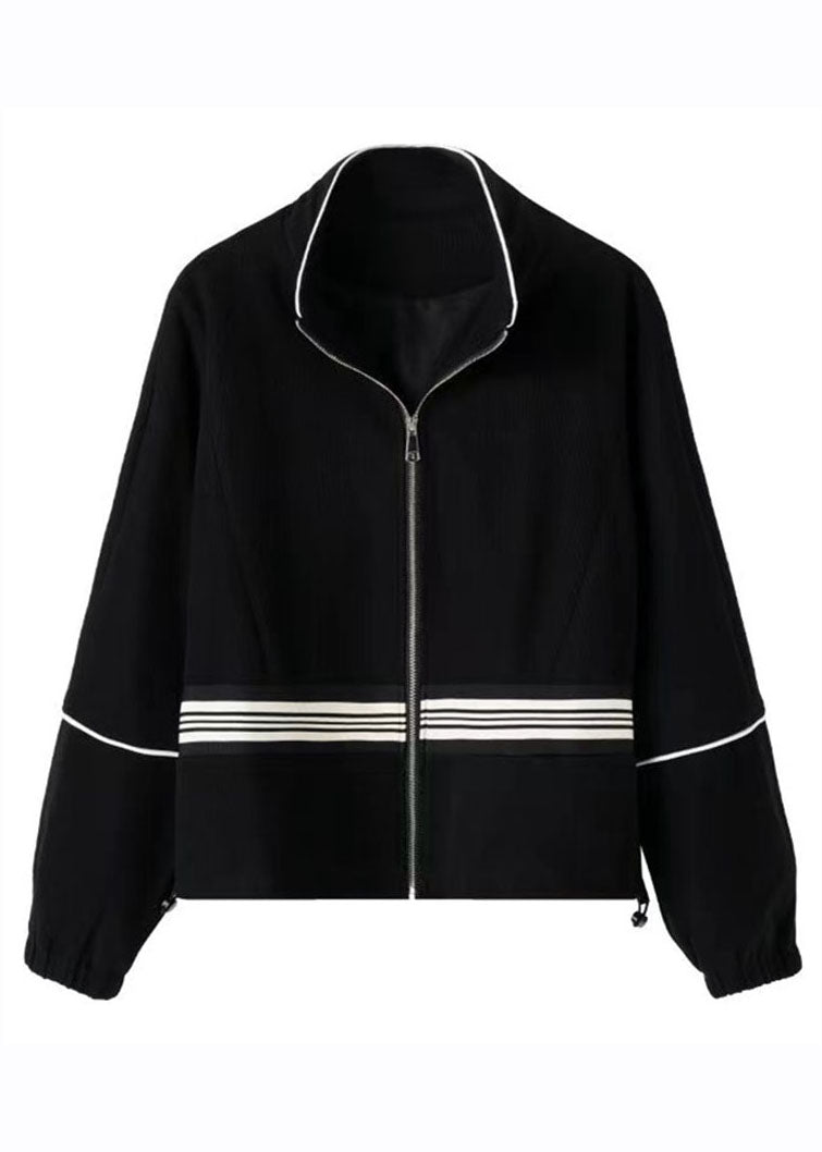 Diy Black Stand Collar Zippered Drawstring Patchwork Jackets Fall