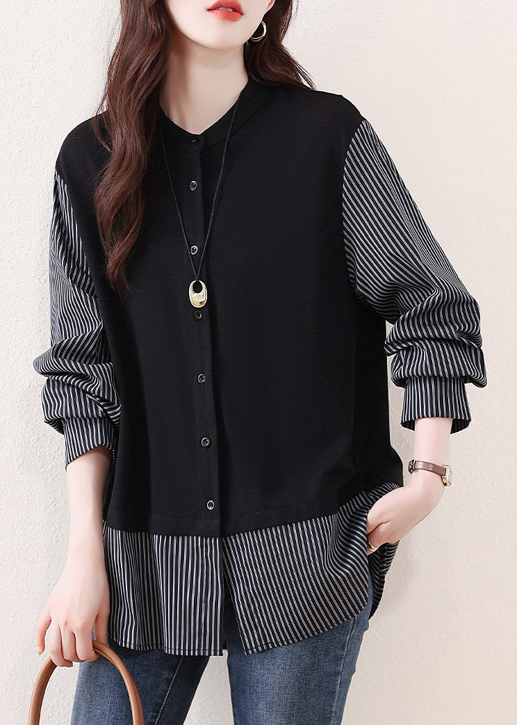 Diy Black Striped Patchwork Cotton Fake Two Piece Tops Fall