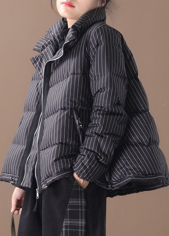 Diy Black Striped Zippered Button Winter Duck Down Coats