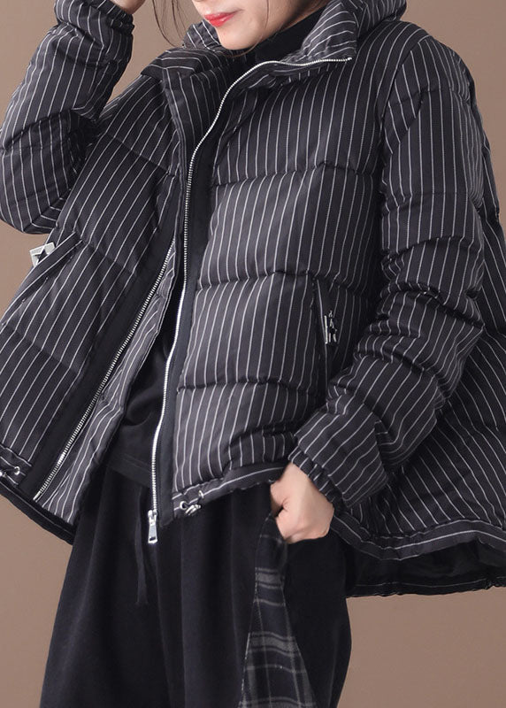 Diy Black Striped Zippered Button Winter Duck Down Coats