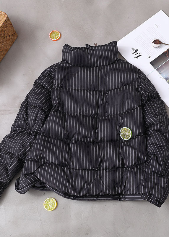 Diy Black Striped Zippered Button Winter Duck Down Coats
