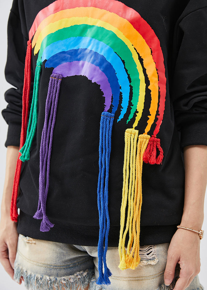 Diy Black Tasseled Rainbow Cotton Sweatshirt Tops Spring
