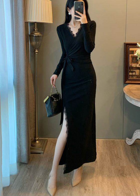 Diy Black Tie Waist Patchwork Eyelash Side Open Long Dresses