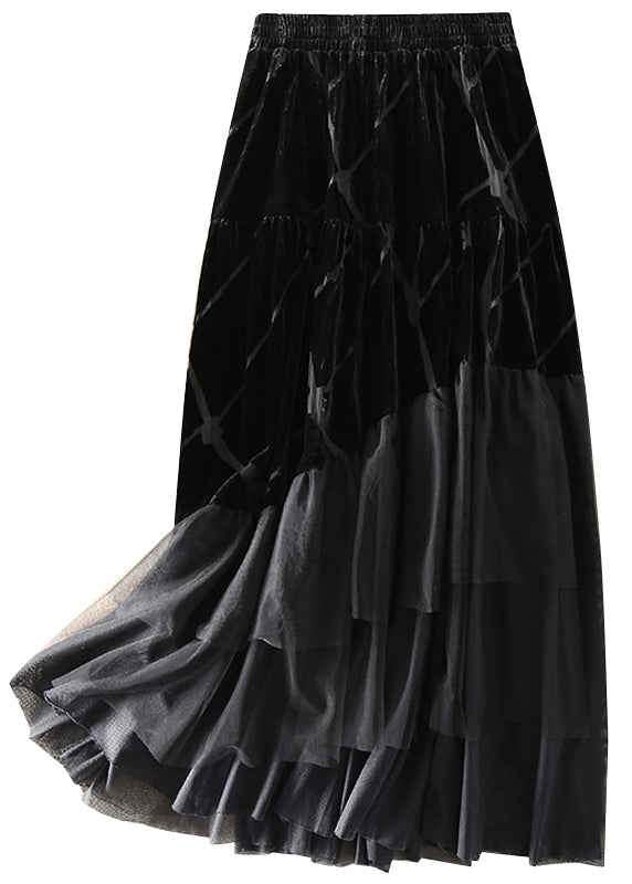 Diy Black Tulle Patchwork Silk Velour Skirt Spring