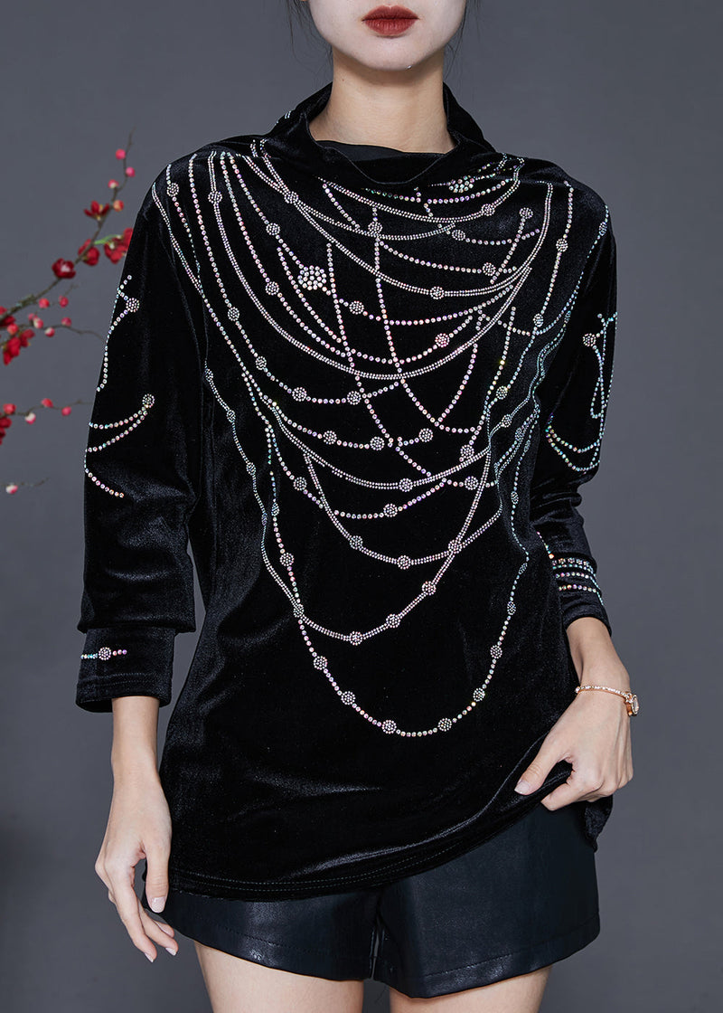 Diy Black Turtle Neck Zircon Silk Velour Shirts Spring