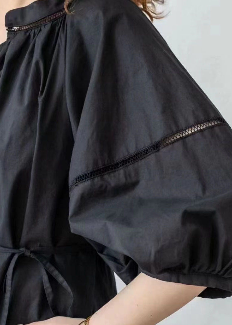 Diy Black V Neck Hollow Out Patchwork Cotton Dress Lantern Sleeve