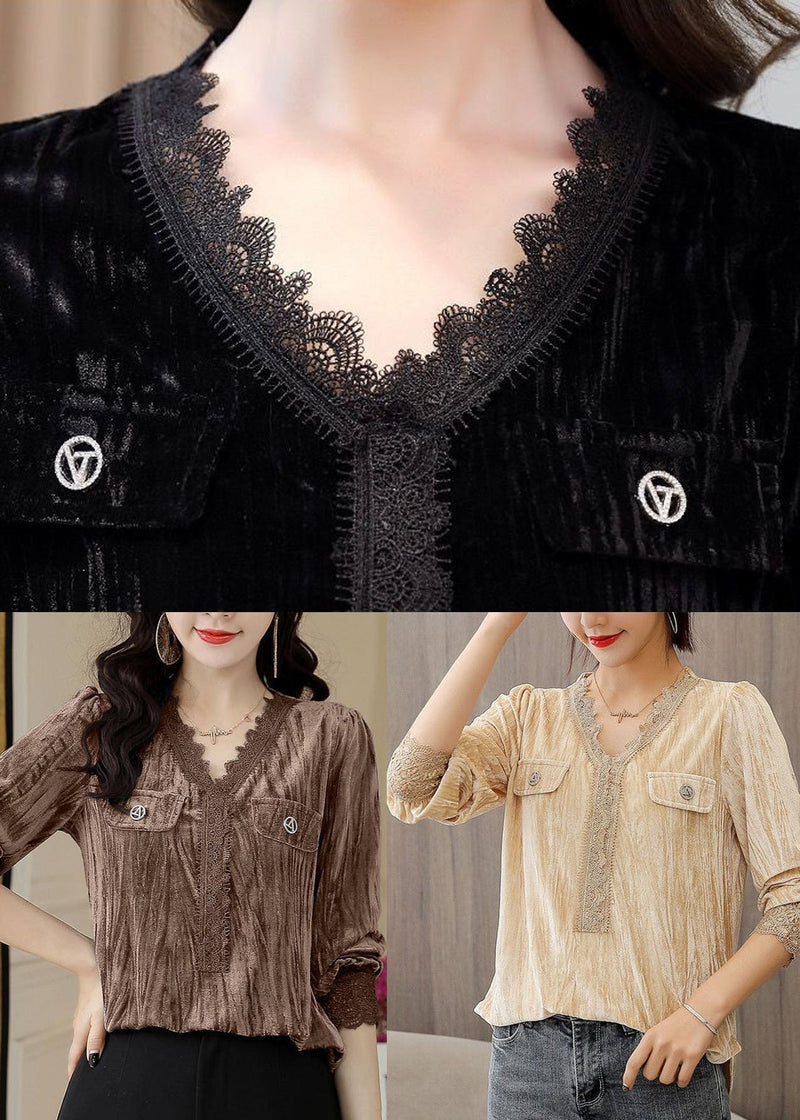 Diy Black V Neck Patchwork Silk Velour Shirts Long Sleeve