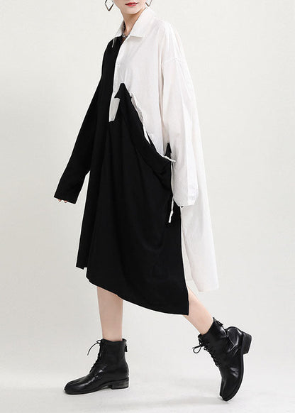 Diy Black White Asymmetrical Patchwork Ruffled Cotton Vacation Dresses Fall