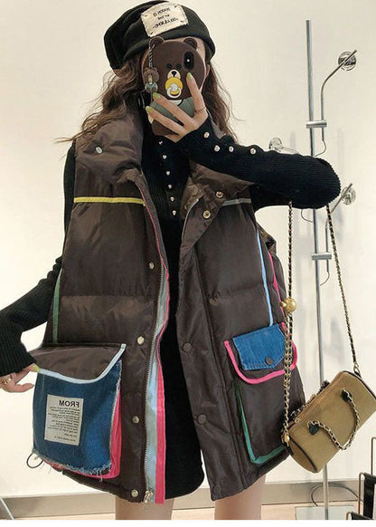 Diy Black Zip Up Denim Patchwork Pocket Fine Cotton Filled Puffers Vests Winter
