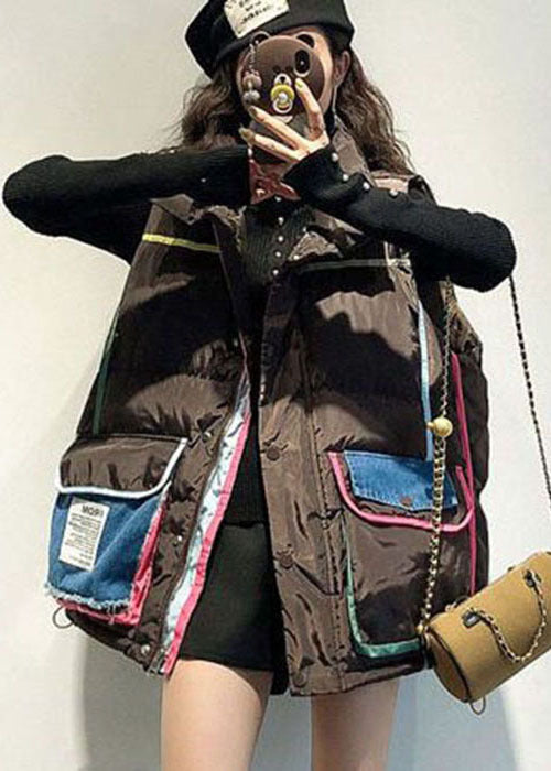 Diy Black Zip Up Denim Patchwork Pocket Fine Cotton Filled Puffers Vests Winter